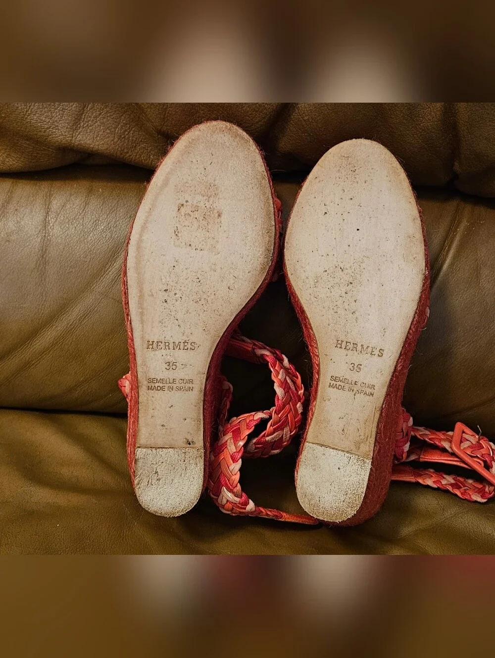 Hermes Coral Braided Espadrille Wedge Sandals Heels Size 5 US